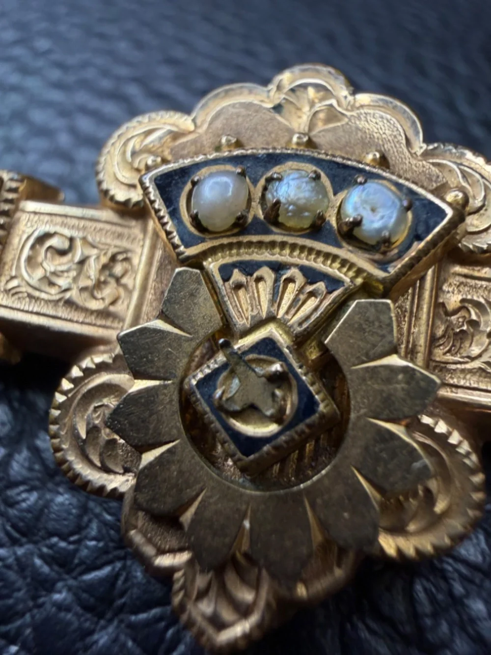 ORNATE Antique Victorian Edwardian Gold Filled Etched Bar Brooch Seed Pearls 2